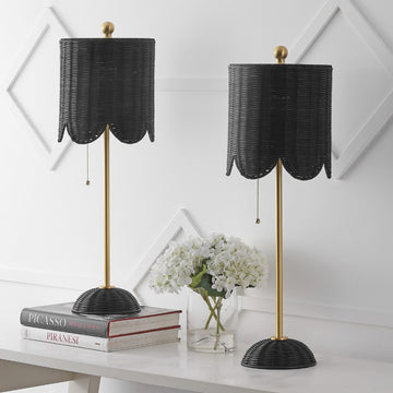Celerie 27.5" Coastal Bohemian Rattan/Iron Scalloped Buffet LED Table Lamps with Pull Chain (Set of 2)